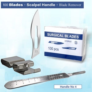 Razor Sharp Edge Sterile Blades Size #23 - Box of 100 Counts Sealed Carbon Steel Disposable Blades + Blade Remover + Scalpel Handle No 4