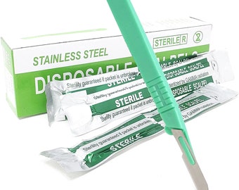 Science Project Dissection Disposable Stainless Steel Sterile Scalpels #14 Graduated Plastic Handle with Scale - Box of 10 Pieces