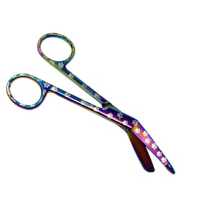 Laser Engraved Multi Titanium Color Bandage Scissors 5.5&quot; (14cm) Stainless Steel, Mini Cat Kitty Paws, Cute Paw Print