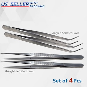 4 Pcs Curved + Straight Stainless Steel College Tweezers 6" Long Fine Serrated Jaws Knurled Handle for Multipurpose Sewing Bent Nose Pliers