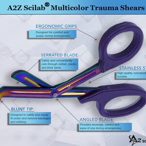May include: Multicolor trauma shears with a serrated blade, blunt tip, and angled blade. The shears have ergonomic grips and are made of stainless steel. A2Z Scilab Multicolor Trauma Shears.
