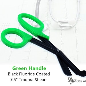 Green Handle with Fluoride Black Coated Non-Stick Blades Trauma Shears 7.5&quot; (19cm) For Nurses, ER, Firefighters, Stainless Steel