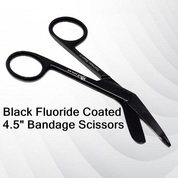 Full Black Bandage Scissors 4.5" (11.4cm) For Nurses, Stainless Steel Black Fluoride Coated