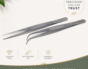 May include: Two silver-colored stainless steel tweezers, one with straight pointed tips and one with curved tips. Both feature textured grip areas and are engraved with the text Stainless Steel. The image includes the text Precision You Can Trust.