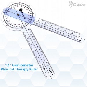 May include: A clear plastic 12-inch goniometer with a protractor and ruler. The goniometer is used for measuring angles in physical therapy.