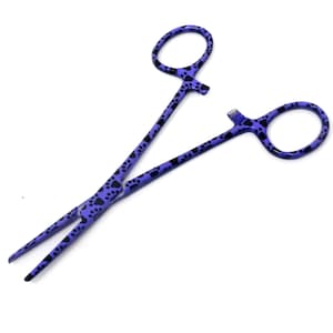 May include: A purple hemostat with black paw print patterns. The tool has ring handles and a locking mechanism. The jaws are serrated. The hemostat is designed for medical or veterinary use.