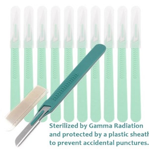 May include: Ten sterile surgical scalpels with green handles and clear plastic sheaths. The scalpels are sterilized by gamma radiation and protected by a plastic sheath to prevent accidental punctures.