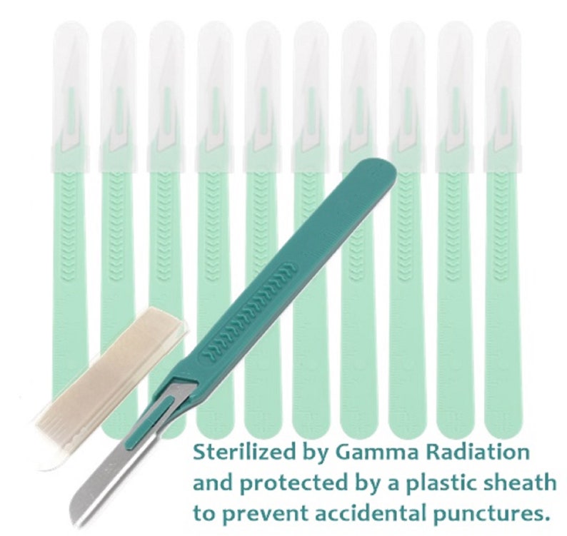 May include: Ten sterile surgical scalpels with green handles and clear plastic sheaths. The scalpels are sterilized by gamma radiation and protected by a plastic sheath to prevent accidental punctures.