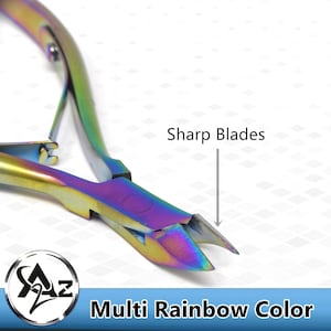 May include: Rainbow colored nail clippers with sharp blades.  The clippers are made of metal and have a multi-colored finish.