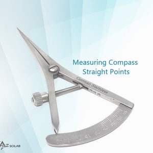 May include: A silver measuring compass with straight points. The compass has a protractor on the side and is labeled "German Stainless".