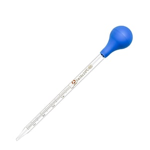 May include: A clear glass dropper with a blue rubber bulb. The dropper is marked with a scale in milliliters and has the text "5 ml ex 20°C MC".