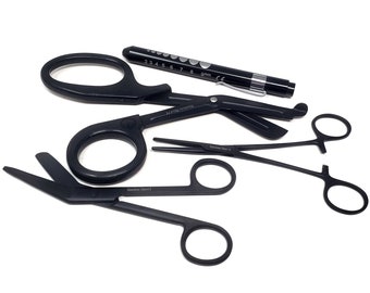 Paramedic Pharmacology Study 4Pc Set of Black Penlight+Bandage Scissors+Trauma Shears+Hemostat Forceps, Gift For Emergency Services Graduate