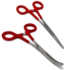 Heavy Duty Stainless Steel 6&quot; Ratchet Forceps Straight+Curved Serrated Teeth Clamps Red Insulated Grip Handles for Crafty Creations