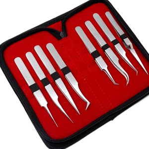 May include: A set of ten silver tweezers in a red velvet case with a black zipper. The tweezers are arranged in rows and are all different shapes and sizes.
