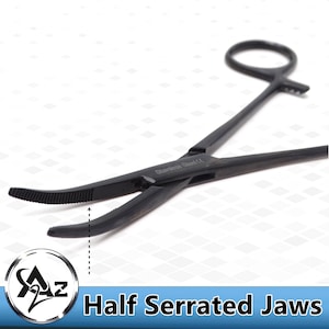 Stainless Steel Pliers 5.5&quot; Curved Hemostat Kelly Forceps Half Serrated Teeth, Black Fluoride Coated