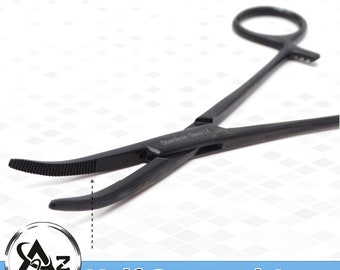 Stainless Steel Pliers 5.5" Curved Hemostat Kelly Forceps Half Serrated Teeth, Black Fluoride Coated