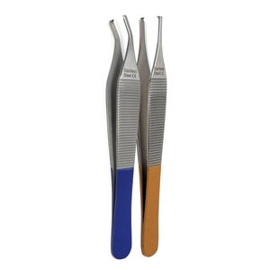 Multi-Use Tweezers Stainless Steel Straight + Curved 1x2 Teeth Jaws, Color Coded Bands for Easy Identification - 4.75&quot;