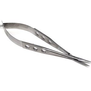 May include: A pair of stainless steel surgical scissors with a curved handle and a pointed tip. The scissors have multiple holes along the handle.