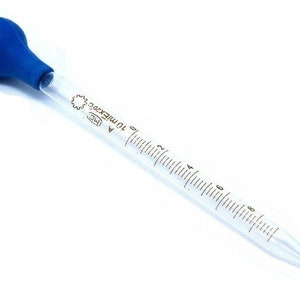 May include: A clear glass pipette with a blue rubber bulb at the top. The pipette has black measurement markings from 1 to 10 ml. The pipette is designed for precise liquid transfer in a laboratory setting.