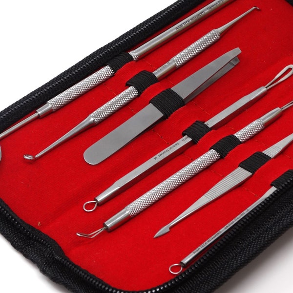 7 stücke Mitesser Akne Komedonen Pickel Blemish Extractor Entferner Spot Popper Edelstahl Tool Kit, Doppelschlaufe, Pinzette. Spiegel, Gesichtsset