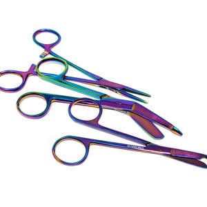 Rainbow Titanium Treated Bandage Scissors + Hemostat Forceps + Stitch Scissors for Veterinary Technician Vet Tech Nurse Gift Stainless Steel