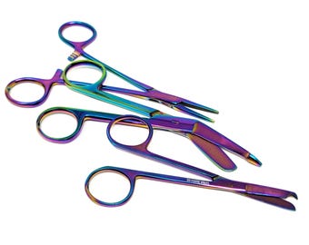 Rainbow Titanium Treated Bandage Scissors + Hemostat Forceps + Stitch Scissors for Veterinary Technician Vet Tech Nurse Gift Stainless Steel