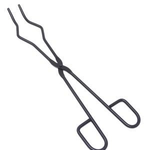 May include: Black metal tongs with a curved design and two handles. The tongs are used for grabbing and holding hot objects.