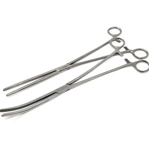 May include: Three stainless steel hemostats, surgical clamps, with curved and straight tips. The hemostats are used to clamp blood vessels during surgery.