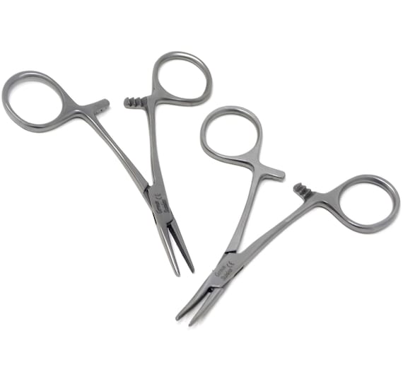 Small Hemostat Forceps 4 Straight Curved Serrated Jaws Locking