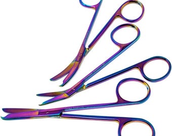 Rainbow Yarn Scissors 4.5" Embroidery Craft Multipurpose Hobby Shears, Set of 3 - Straight + Angled + Curved Blades, Stainless Steel