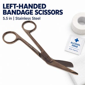 May include: Left-handed bandage scissors made of stainless steel, measuring 5.5 inches. The dark metallic scissors feature two finger loops and angled blades. Text on the image reads: LEFT-HANDED BANDAGE SCISSORS 5.5 in | Stainless Steel.