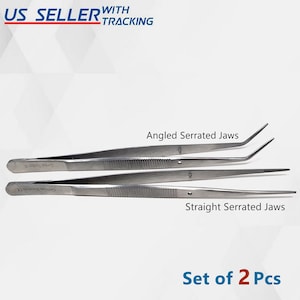 Stainless Steel 6&quot; Deluxe Bent + Straight Tweezers, Fine Serrated Tips Ensure a Tight Grasp, Knurled Handle Helps to Keep a Steady Grip