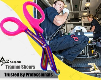 Tijeras de trauma con mango rosa y hojas multicolores de 19 cm (7,5"). Regalo de agradecimiento para enfermeras de urgencias, paramédicos, bomberos y trabajadores esenciales. Acero inoxidable.