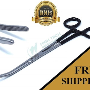 PVC Grip Black Handle, Heavy Duty Hemostat Forceps Clamps 8&quot; Curved, Full Serrated, Stainless Steel