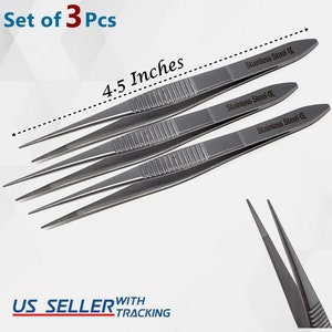 Stainless Steel Tweezers with Fine Serrated Tips and Knurled Handle for Multipurpose Tasks, Set of 3 - 4.5&quot;