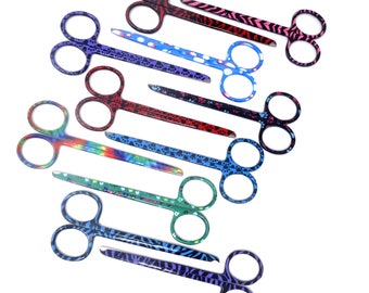 Hand Crafted All Purpose 4.5" Suture Stitch Scissors, Stainless Steel, One Hook Blade, Colorful Pattern Coated Shears, Multipurpose Clippers