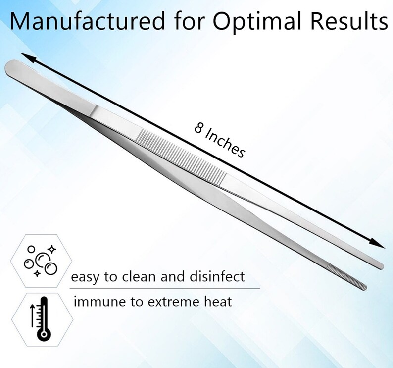 May include: Silver-toned metal tweezers with a serrated grip. The tweezers are 8 inches long and are easy to clean and disinfect. They are also immune to extreme heat.
