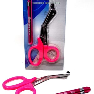 Pair of Pink Handle Stainless Steel Blade Trauma Shears 7.5&quot; + Penlight, Stainless Steel