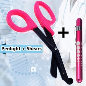 Set of Pink Handle 7.5&quot; Trauma Shears with Fluoride Black Coated Non-Stick Blades + Pink PenLight