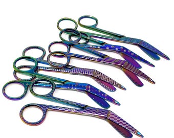 Nurse Scissors Engraved Set of 6 Pcs Titanium Color Bandage Scissors with Assorted Designs, Stainless Steel Nurse Gift Set