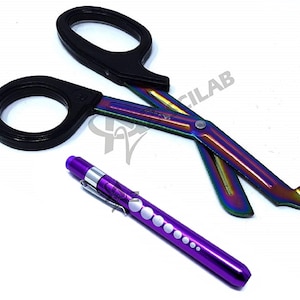 Black Handle with Multi Rainbow Color Blade Trauma Shears 7.5&quot; + Purple Penlight, Stainless Steel