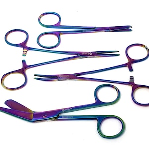 Veterinary Technician Student 4 Pcs Gift Set Bandage Scissors + Hemostat Forceps + Stitch Scissors, Stainless Steel, Multi Titanium Color