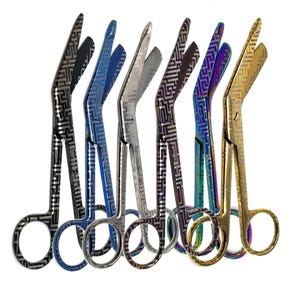 May include: Set of six surgical scissors with a colorful, geometric pattern. The scissors are made of stainless steel and have a sharp blade.