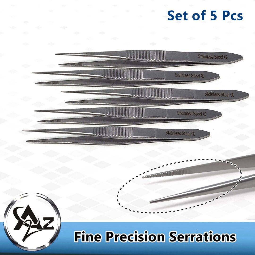 Stainless Steel Tweezer Set of 5 Fine Point Serrated Tweezers to Use