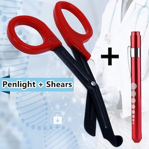 Set of Red Handle 7.5&quot; Trauma Shears with Fluoride Black Coated Non-Stick Blades + Red PenLight