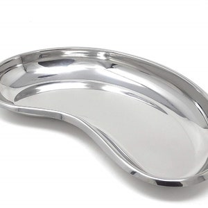 May include: A stainless steel kidney dish, also known as a surgical basin, is a medical instrument used for holding instruments, supplies, or specimens. It is made of durable, easy-to-clean metal.