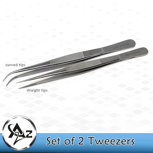 Stainless Steel Pickup Tweezers 4&quot; Straight + Curved Fine Serrated Precision Points Diamond Tweezers