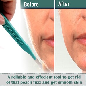 May include: Before and after image showing the effectiveness of a small, green, handheld razor for removing peach fuzz from the face. The image shows a close-up of a woman's face before and after using the razor.