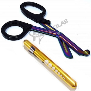 Black Handle with Multi Rainbow Color Blade 7.5&quot; Stainless Steel Trauma Shears + Gold Penlight Paramedic Intern Graduation Gift Set