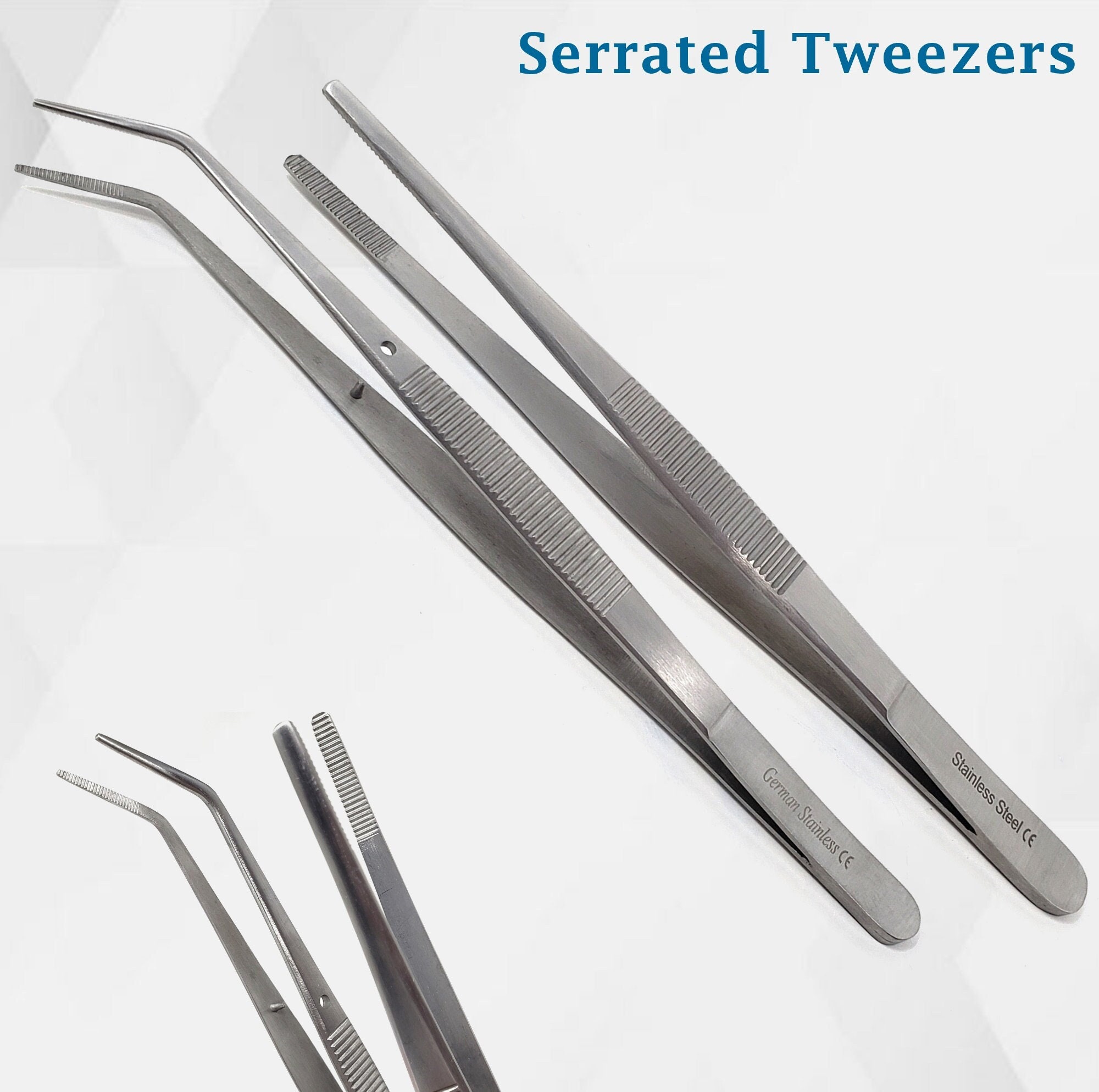 Long Forceps Tweezers, Serrated Bent Tweezers Flat Tips Precision Curved  Science Surgical Tongs Jewelers Needle Metal Sewing Sharp Small Kitchen